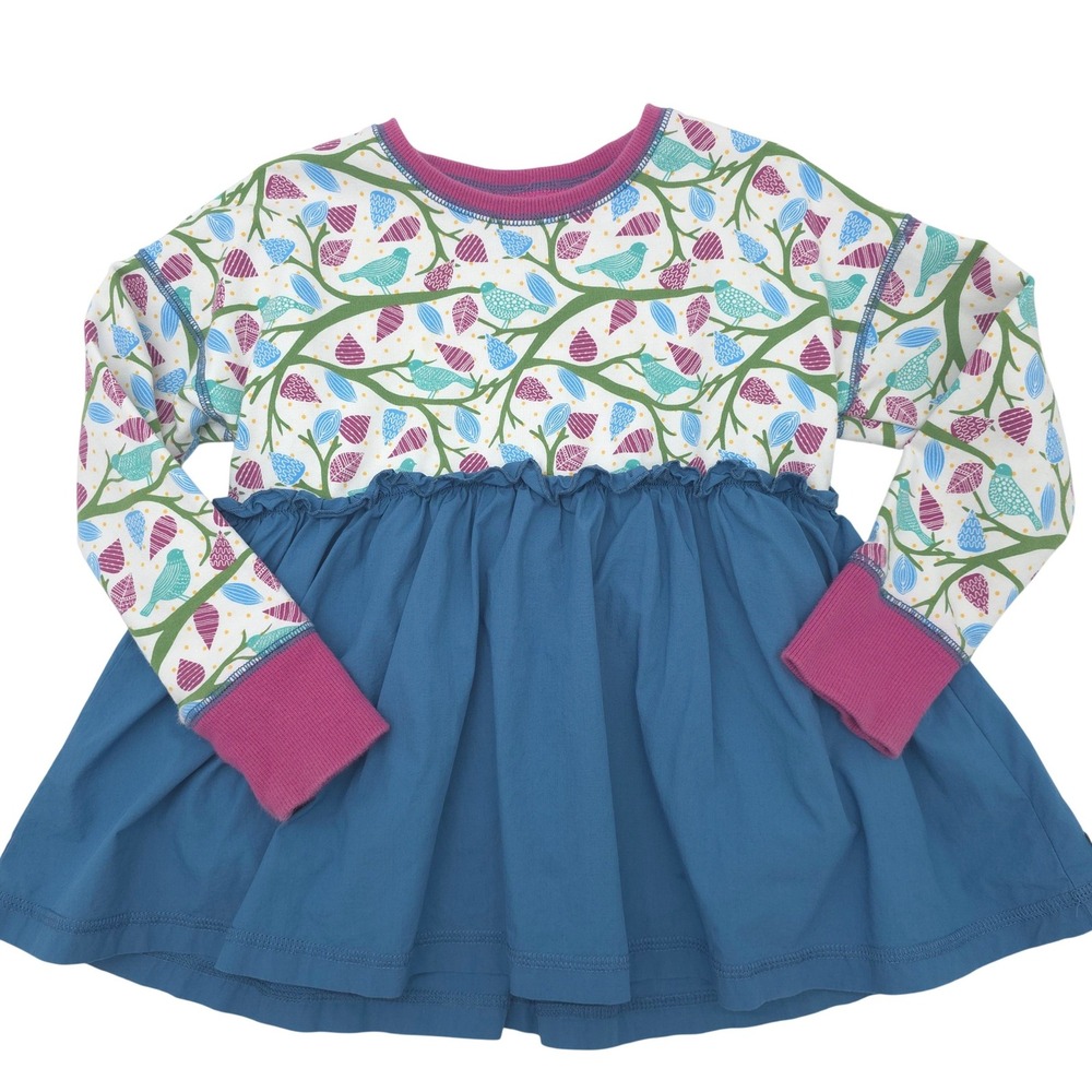 Matilda Jane Girls Bird Vine Graphic Long Sleeve Ruffle Dress Blue Pink Size 6